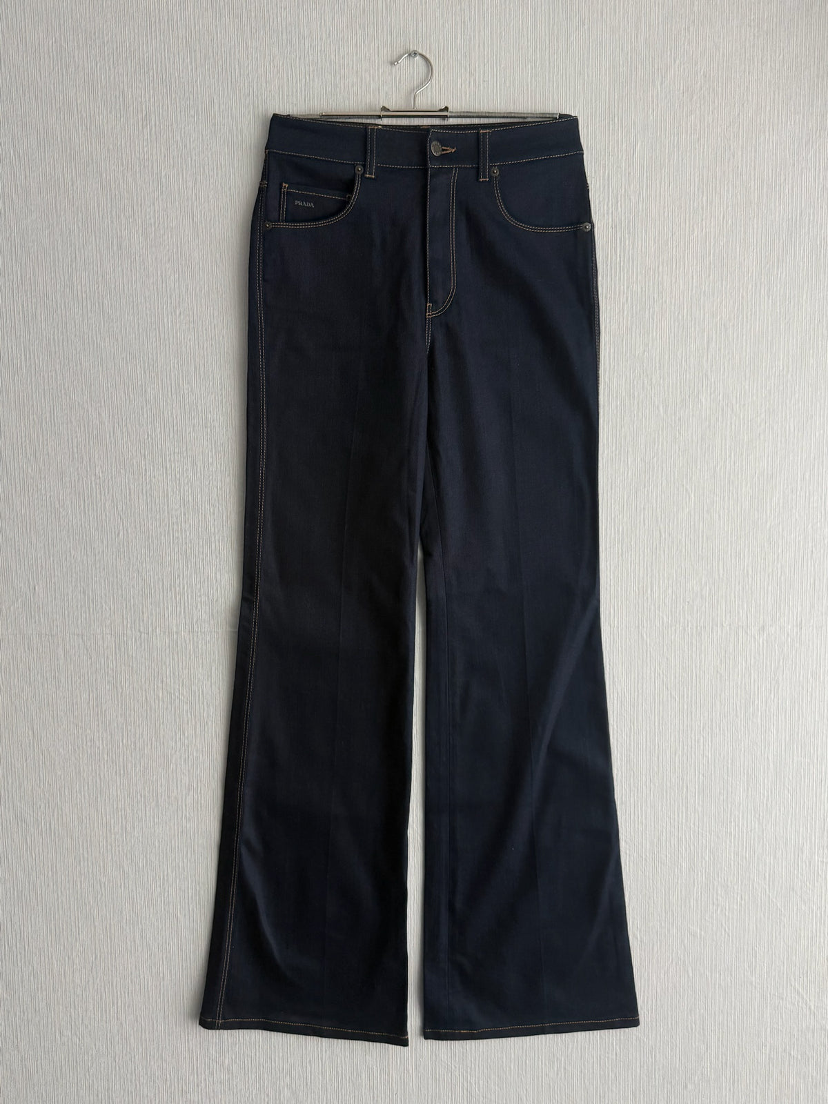 Prada Dark Indigo Cotton High Rise Flared Womens Jeans