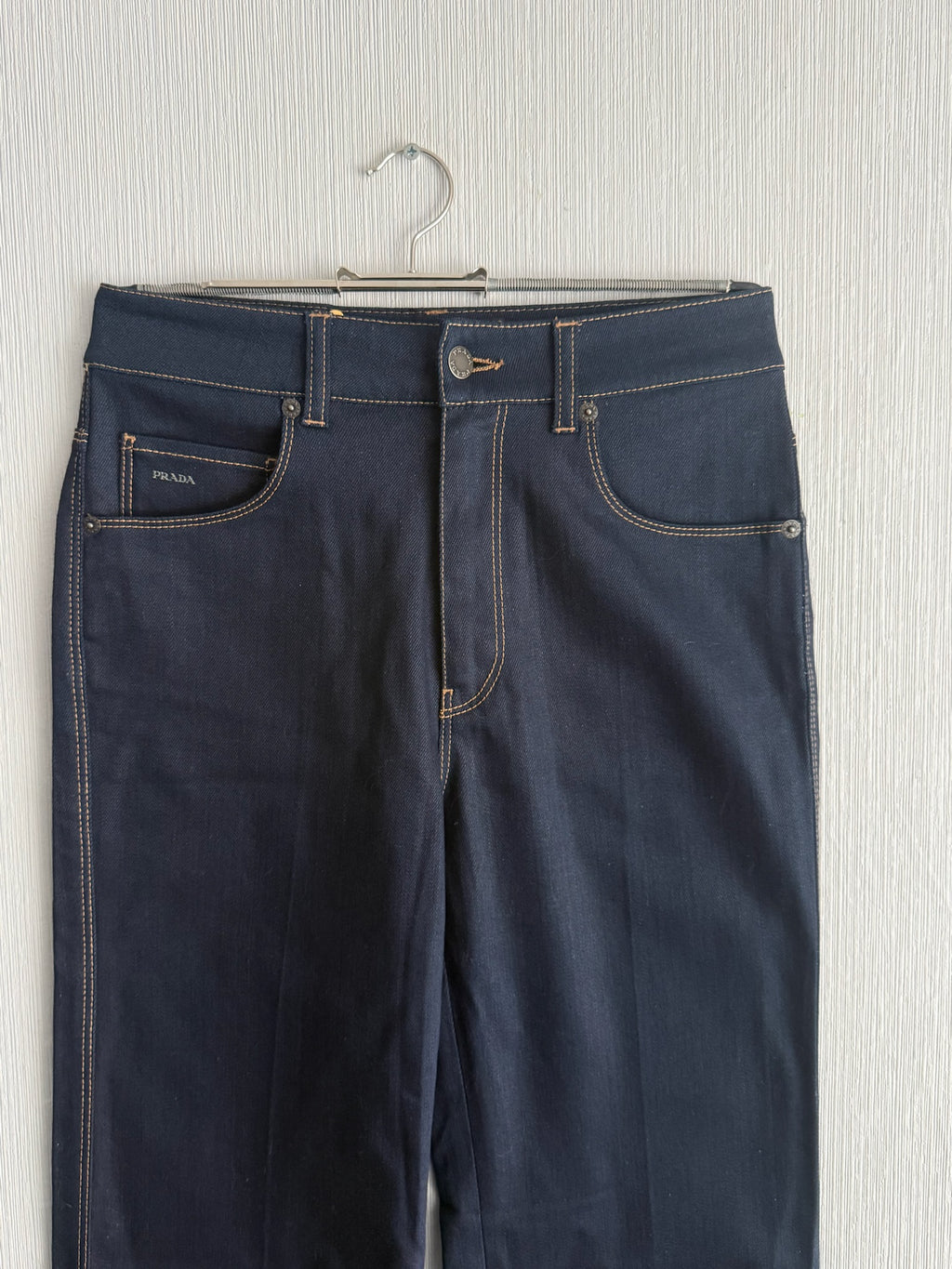 Prada Dark Indigo Cotton High Rise Flared Womens Jeans